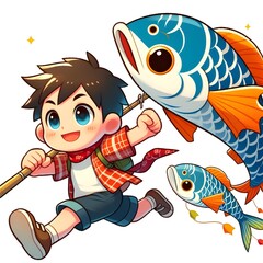 cute illustration of running japanese boy holding Koinobori carp streamer , Japanese children's day 
