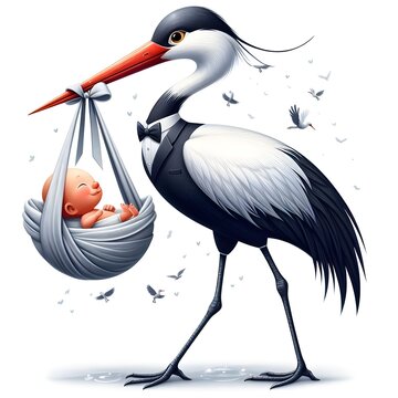 Crane stork in tuxedo delivering baby illustration in white background 