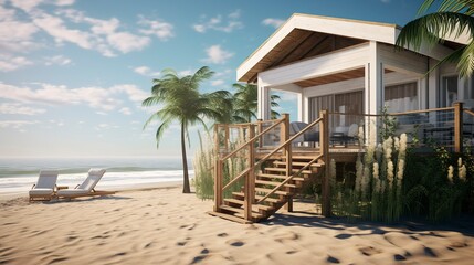 A photo of a Compact Beach House with Stylish living - obrazy, fototapety, plakaty