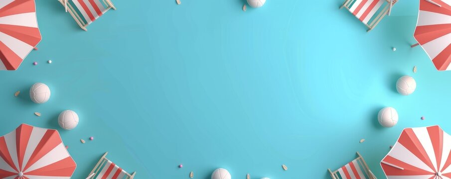 A conceptual summer theme with striped beach umbrellas and white beach balls scattered on a plain teal background, no people