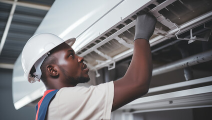 Air conditioner black technician, repair service, install air conditioner in the house Are going to repair and take care of filling air conditioners in homes and buildings.