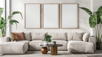 mock poster frame with modern interior living room background.