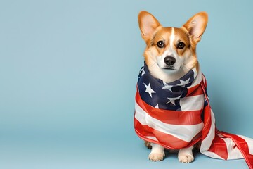 Corgi wrapped in American flag on blue background. Independence Day, Memorial Day concept. Design for banner, poster with copy space. Cute and adorable puppy