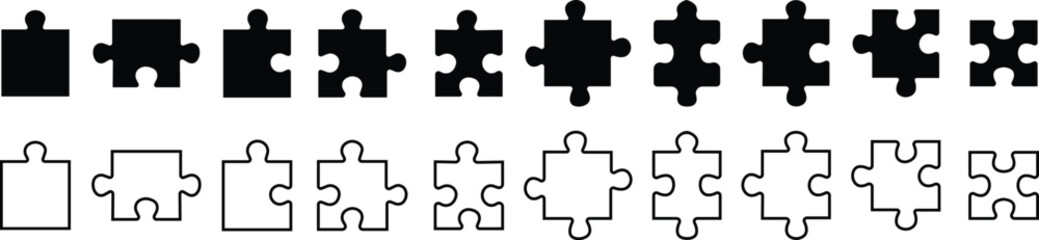 Puzzle pieces black set isolated on transparent background. Vector flat or line group. Different sides square presentation. Abstract infographic explanatory text field for business statistics.