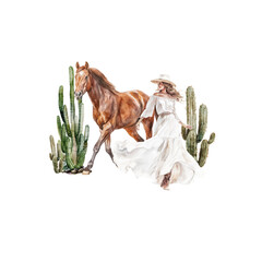 Watercolor wild west set with girl. Beautiful western cowgirl, hat, horse, cowboy boots, cacti, dried bouquets. Retro ranch scene in country style perfect for print, card design