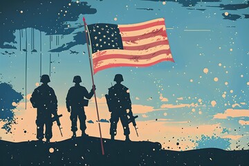 Silhouettes of soldiers with American flag. Independence Day, Memorial Day, Veterans Day concept. Illustration for design, print, poster with copy space