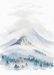 Hight mountains and forest in the fog. Light watercolor. Generated AI