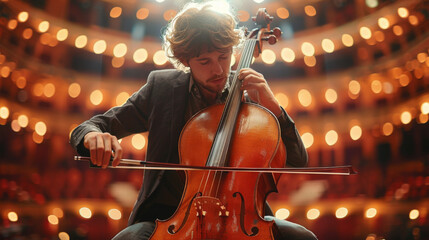 Fototapeta premium Cinematic shot of Male Cellist Playing Cello Solo on an Empty Classic Theatre Stage with Dramatic Lighting. Professional Musician Rehearsing Before the Start of a Big Show with Orchestra.