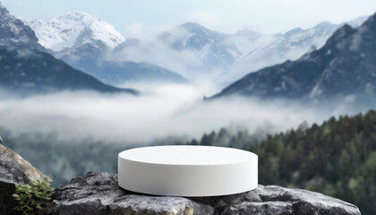 white round podium on rocks with misty mountains background, for product display presentation