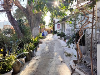 Photo of the lovely Anafiotika in Athens, Greece. Anafiotika is a scenic tiny neighborhood of the center of Athens, part of the old historical neighborhood called Plaka.