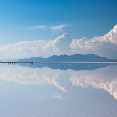 Scenery of a salt desert reflecting the blue sky