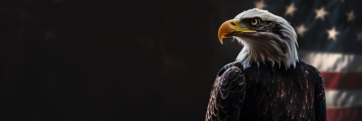 Proud bald eagle with American flag background. Memorial Day and Independence Day. National symbol. Design for banner, header with copy space