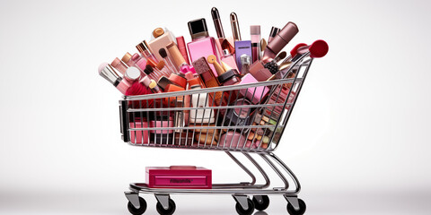cosmetics with accessories in shopping cart filled with makeup isolated on HD background Online cosmetic Shopping concept 
