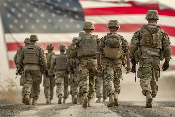Squad of soldiers with American flag in the background. Independence Day and Memorial Day, Veterans Day concept. Design for banner, poster
