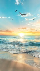 A serene sunset at the beach with seagulls soaring in the pastel sky over the gentle waves of the ocean, evoking peace and the beauty of nature