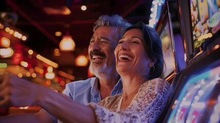 Middle-aged Hispanic couple is playing a slot machine at a casino 