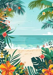 Fototapeta na wymiar A picturesque beach scene depicting tranquil waters, colorful flowers, and lush greenery, inviting a sense of calm and escape
