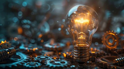 light bulb surrounded by gears, representing the process of generating innovative ideas through brainstorming and problem-solving.