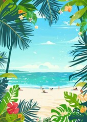 Fototapeta na wymiar Warm tropical illustration featuring a serene beach scene with people relaxing under palm trees, enjoying the ocean view