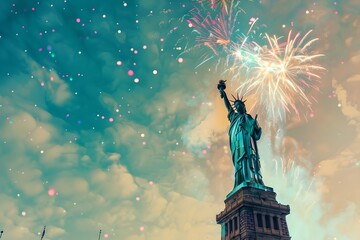 Statue of Liberty with fireworks in the background. Independence Day and Memorial Day concept. 4th of July. Design for banner, poster with copy space