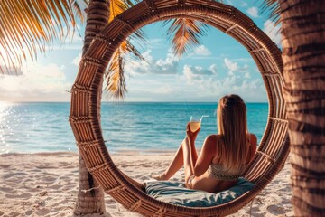 A tranquil image of a woman sitting in a beach swing sipping a drink, gazing at the endless ocean under a clear sky