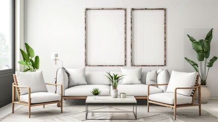 mock poster frame with modern interior living room background.