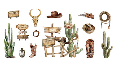 Watercolor wild west set. Western farm composition with cactus, cowboy boots, hat, ranch elements Retro scene in country style perfect for print, card design