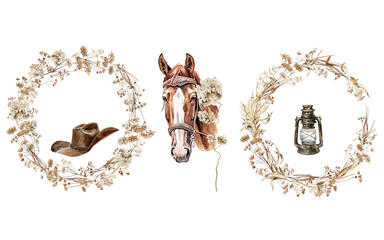 Watercolor wild west set. Western farm composition with horse, dried wreathes, cowboy boots, hat, ranch elements Retro scene in country style perfect for print, card design
