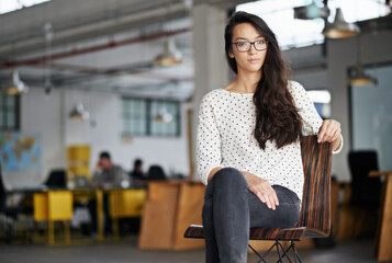 Woman, portrait and serious in office for creative career in concept development for designing...