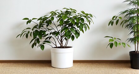 A room with a plant in a pot on a shelf.