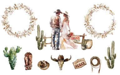 Watercolor wild west set. Beautiful western wedding with cowboy, girl, farm, cacti, wreath. Retro ranch scene in country style perfect for marry print, card design