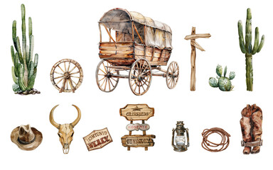 Watercolor wild west set. Western farm composition with wagon, cactus, cowboy boots, hat, ranch elements Retro scene in country style perfect for print, card design