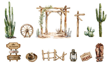 Watercolor wild west set. Western wedding composition with arch, cactus, cowboy boots, hat, ranch elements. Retro scene in country style perfect for print, card design