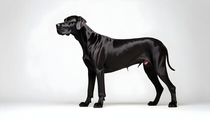 Black Great Dane zeus dog with a silver chain collar against a white background - obrazy, fototapety, plakaty
