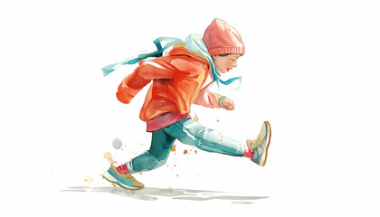 Energetic Child Running in a Vibrant Watercolor Illustration