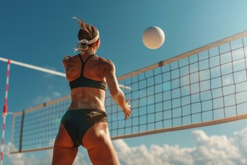 A dynamic back-view of a woman spiking a volleyball on a sunny beach, emphasizing power, and...