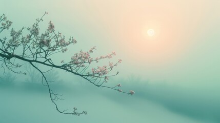 subtle gradient from soft violet to mint green, showcasing a solitary cherry blossom branch.