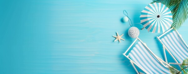 Flat lay of trendy pool items and striped sun loungers on bright blue surface - obrazy, fototapety, plakaty