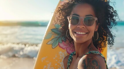 A young woman with a sunny smile wears sunglasses and poses with her surfboard against a sunset beach backdrop - obrazy, fototapety, plakaty