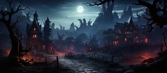 Halloween background with haunted castle and full moon. - obrazy, fototapety, plakaty
