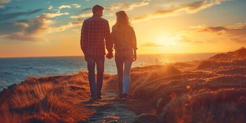 A couple holding hands walks along a coastal path