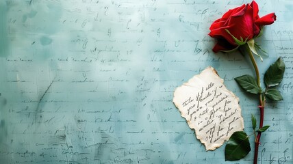 Red rose lies next to handwritten note on blue background with cursive script - obrazy, fototapety, plakaty