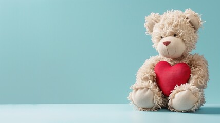 Fluffy bear holding red heart against blue background