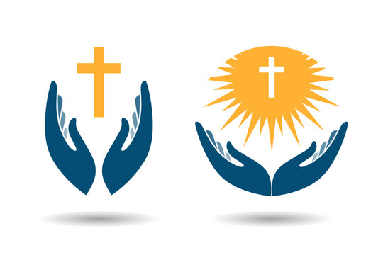Hands holding cross icons or symbols. Religion, Church vector logo