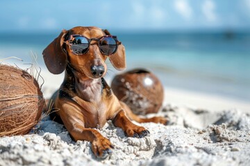 Trendy dachshund dog with sunglasses lays next to a coconut on a sandy beach, exuding a tropical...