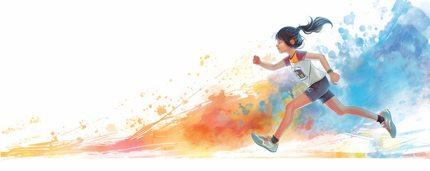 Energetic Female Runner with Vibrant Watercolor Splash