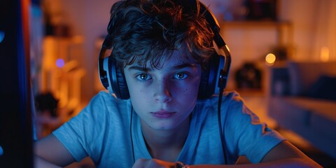 Boy Listening to Headphones at Computer