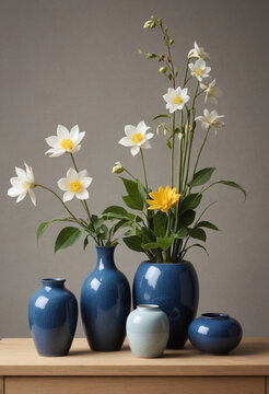 Japanese Ikebana flower arrangements in simple minimalistic Utsuwa Japanese ceramic containers or vases with blue glaze drawings of flowers plants and animals, stunning beautiful exotic flowers like h