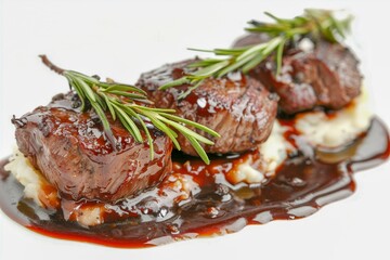 Gourmet beef fillets with rosemary on puree.