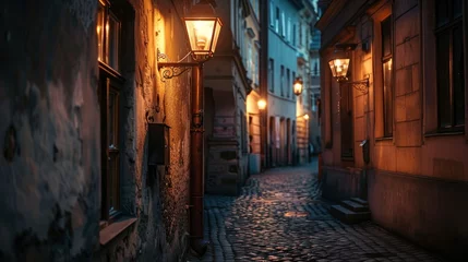 Fototapete Enge Gasse A narrow alley in an old town lit by vintage lamps at dusk, cobblestone pavements reflecting the soft glow, creating an atmosphere of mystery and nostalgia, emphasizing the intimate scale